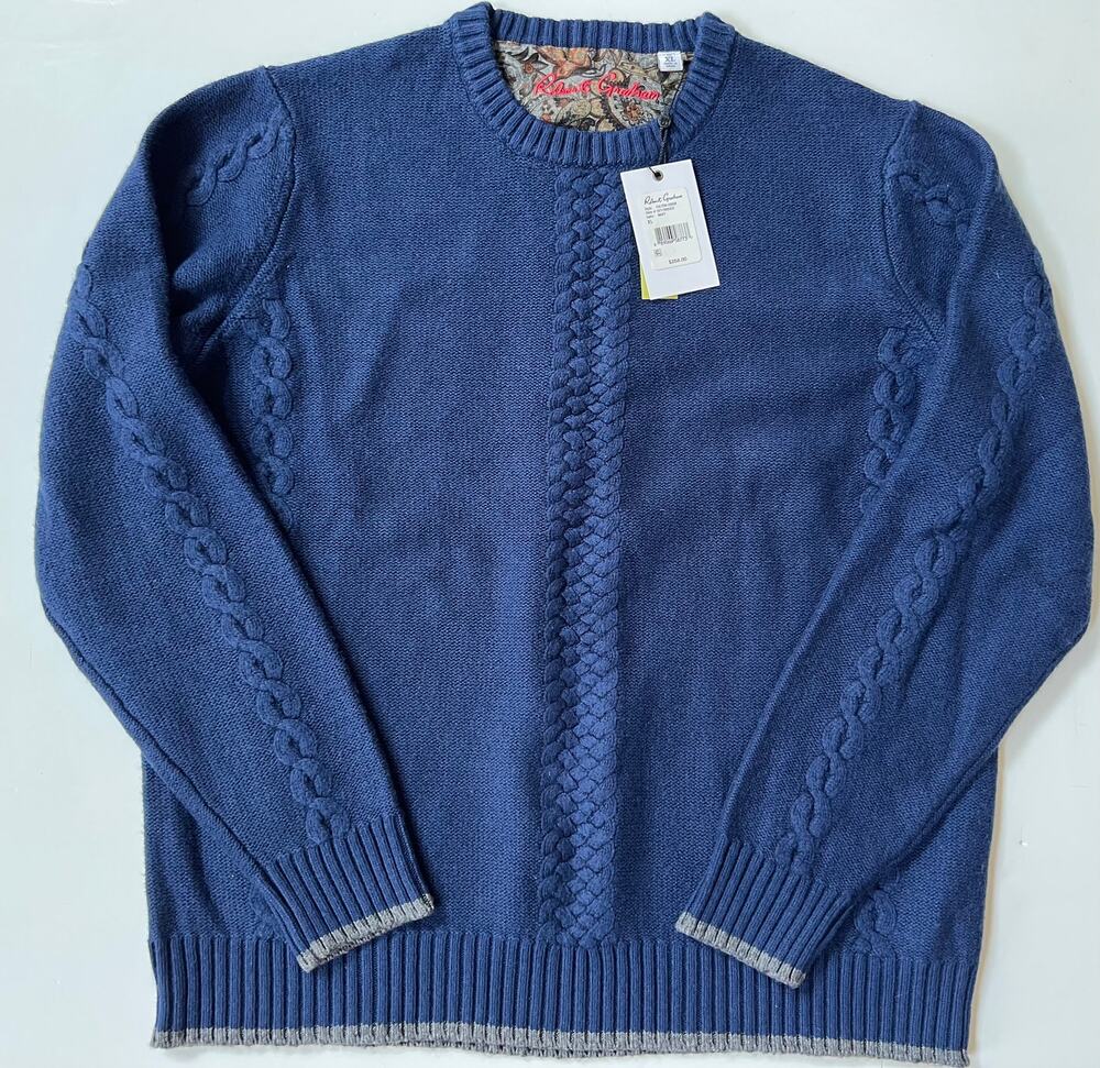 Robert Graham Fulton Chain Knit Crew Neck Sweater Wool Cashmere Navy Size XL